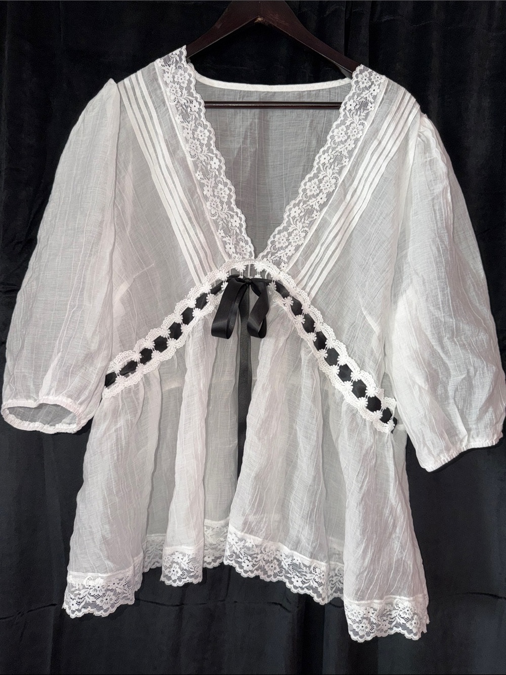 SHEIN White Sheer Lace-Trim Tie Front Peasant Blouse with Black Ribbon